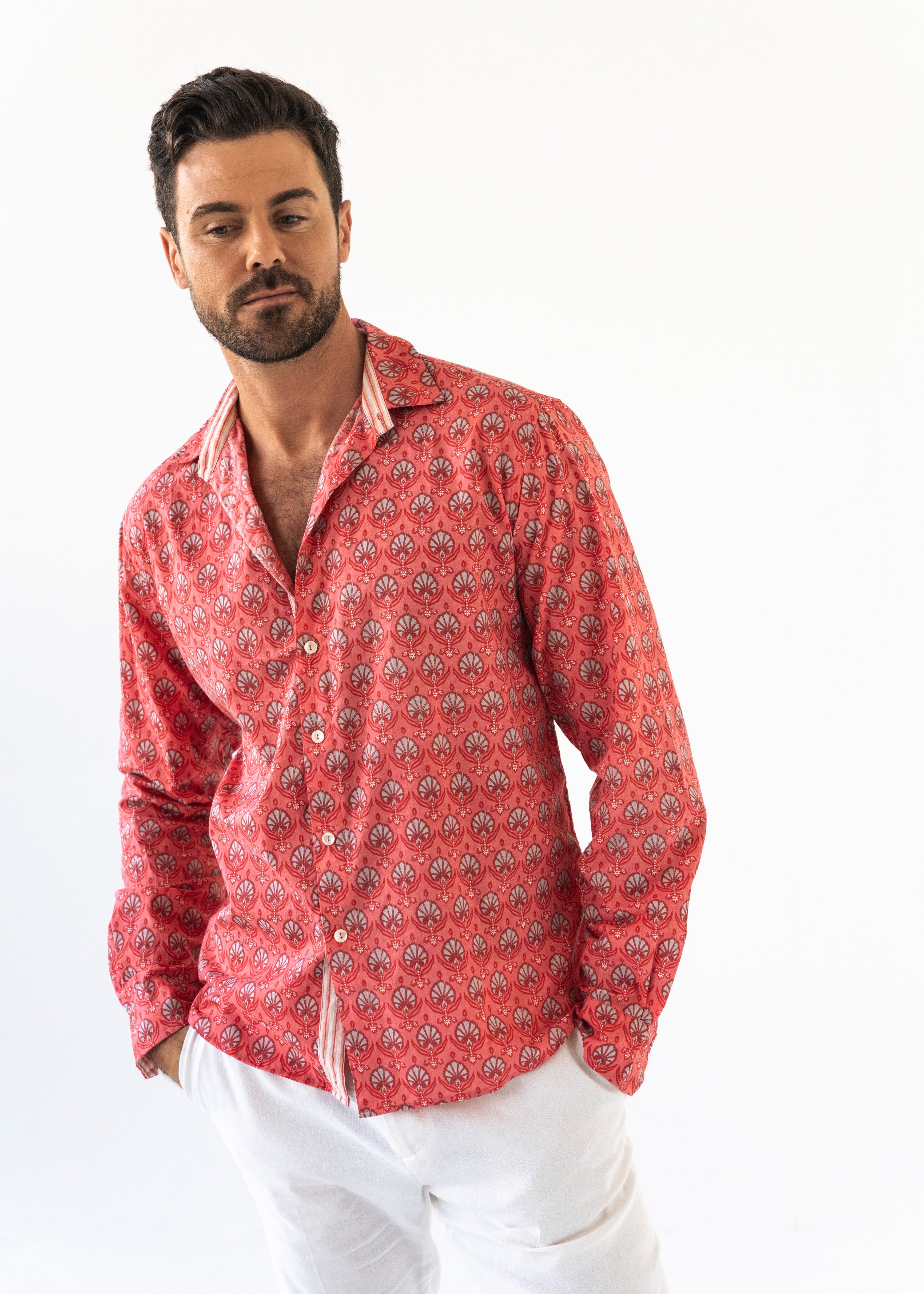 CLASSIC CORAL COTTON BLOCKPRINT SHIRT