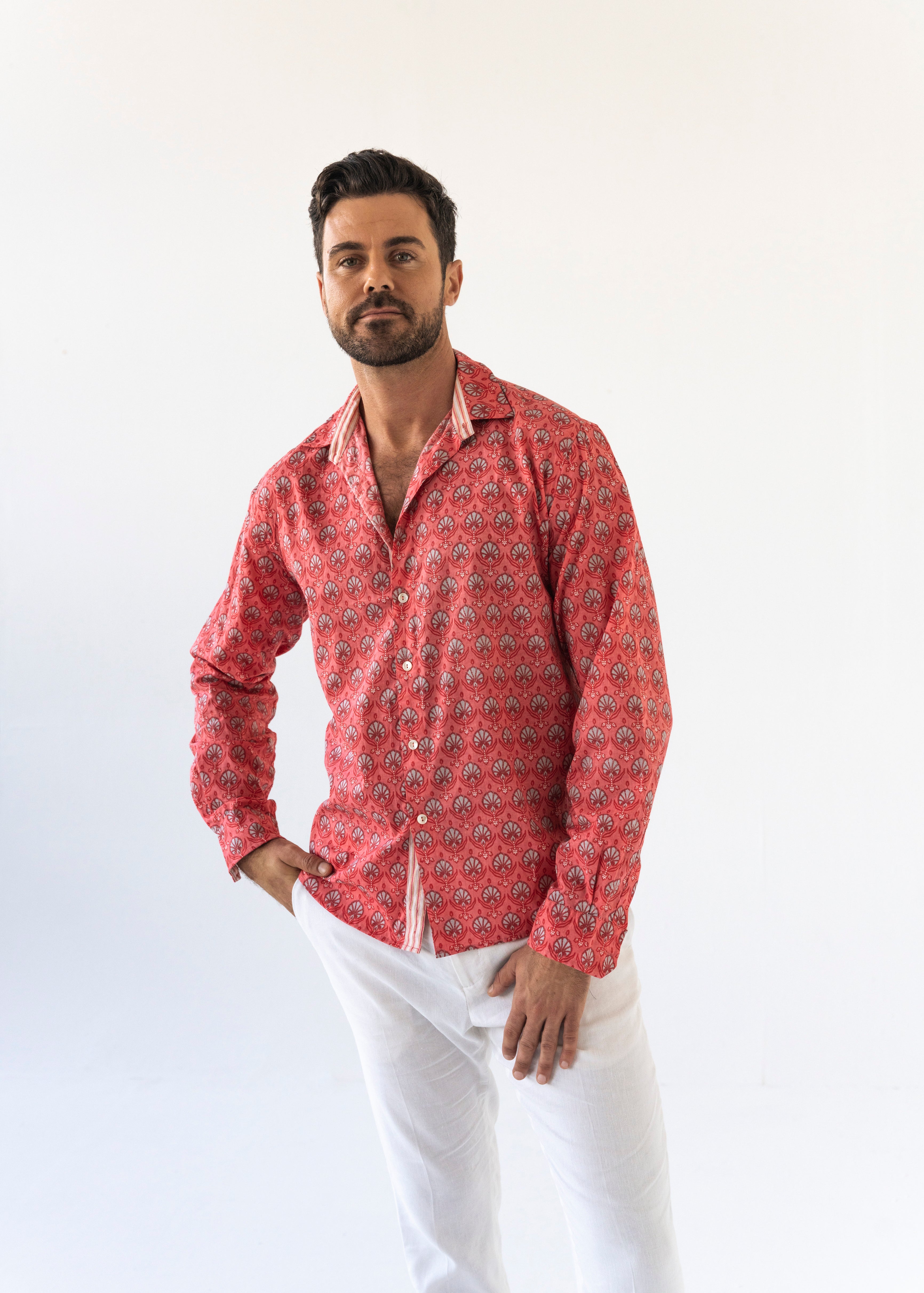 CLASSIC CORAL COTTON BLOCKPRINT SHIRT