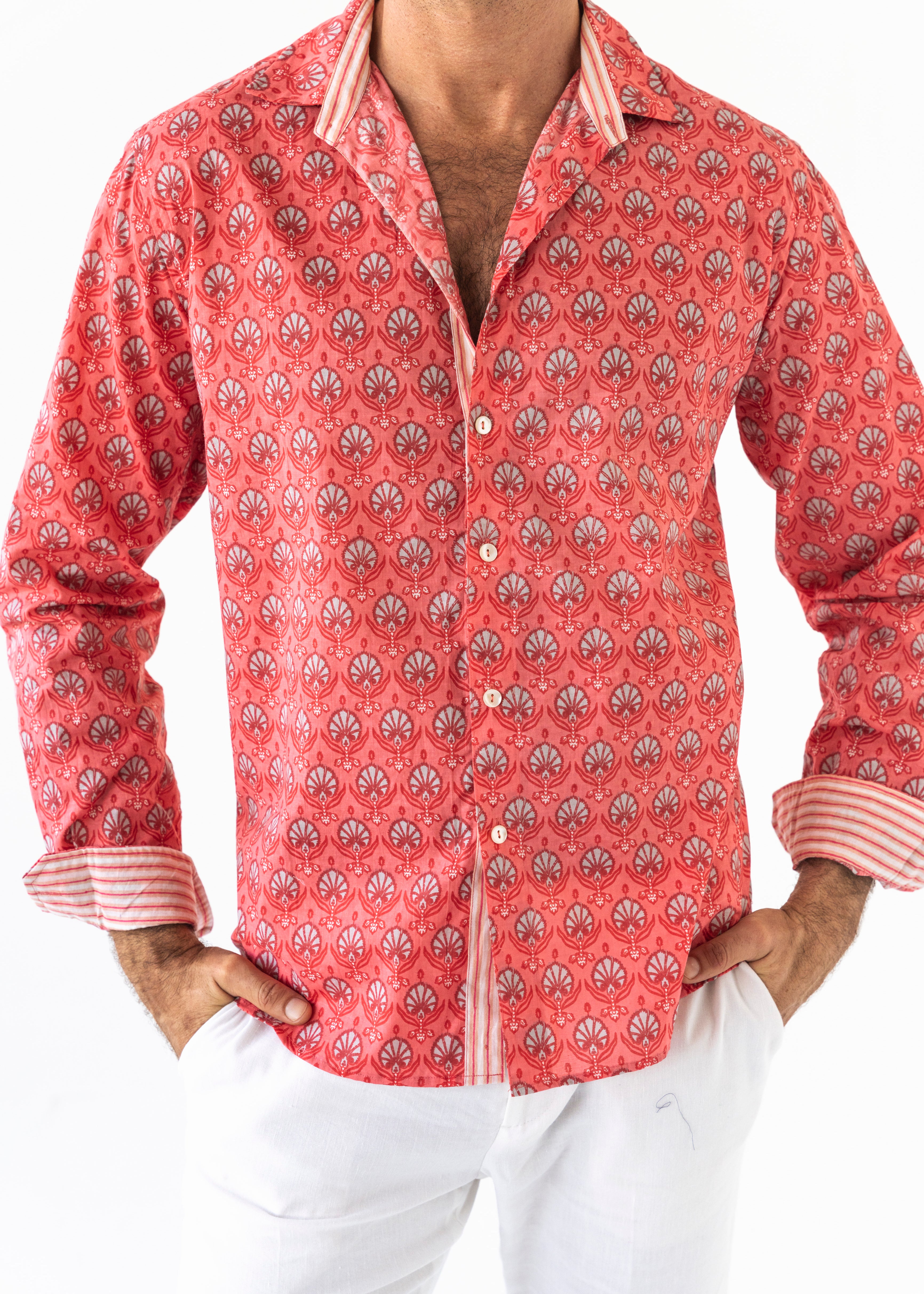 CLASSIC CORAL COTTON BLOCKPRINT SHIRT